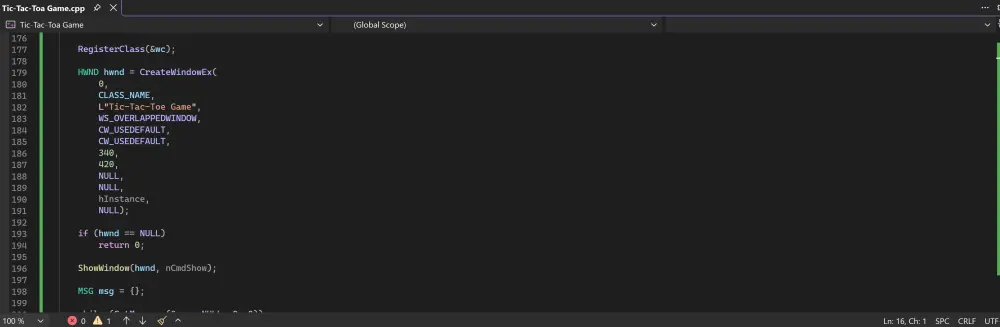 سأقوم بتطوير لعبة Tic-Tac-Toe بلغة C++ مع واجهة رسومية باستخدام Windows API