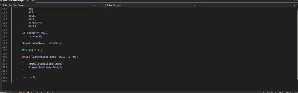 سأقوم بتطوير لعبة Tic-Tac-Toe بلغة C++ مع واجهة رسومية باستخدام Windows API
