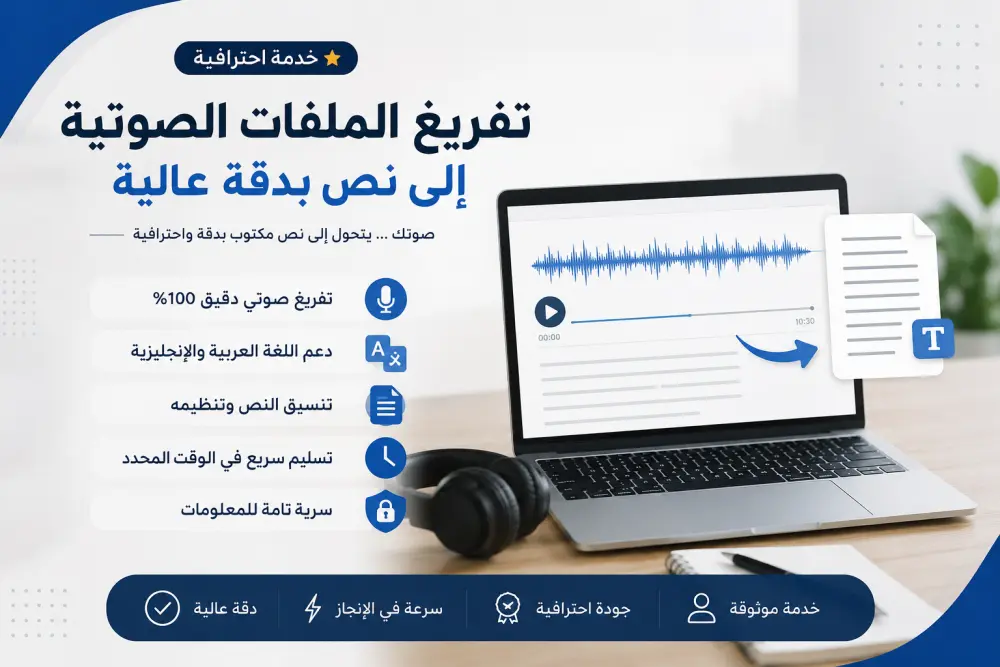 سأقوم بتفريغ الملفات الصوتية والفيديوهات إلى نص مكتوب بدقة عالية مع تنسيق النص بشكل منظم وواضح.