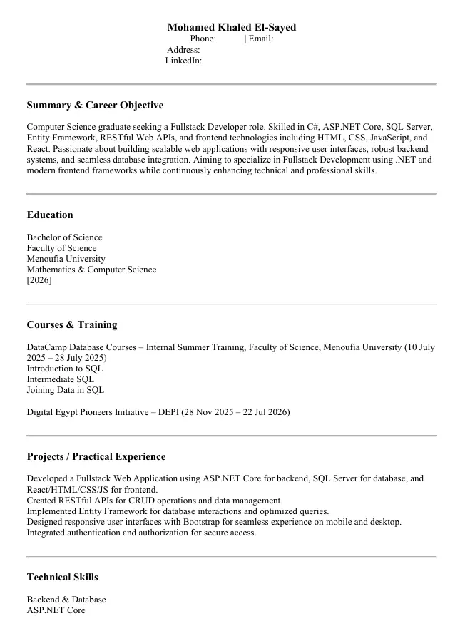 سأقدم لك سيرة ذاتية بنظام ATS تشمل: ✅ تحليل الوظيفة واستخراج الكلمات المفتاحية. ✅ هيكل آمن بدون جداول أو صور. ✅ صياغة إنجازاتك بأرقام. ✅ اختبار الملف لضمان قراءته آلياً. ✅ تسليم بصيغة PDF أو Word جاهز للاستخدام.