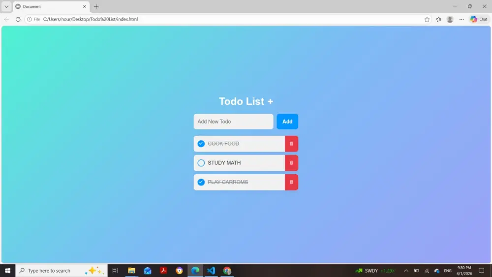 تطوير واجهة مستخدم لتطبيق قائمة مهام تفاعلي (Interactive Todo List App Webpage)