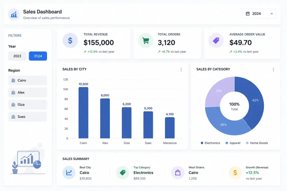 سأقوم بتحويل بياناتك إلى لوحة بيانات (Dashboard) تفاعلية واحترافية على برنامج Excel تساعدك على فهم أداء عملك واتخاذ قرارات دقيقة