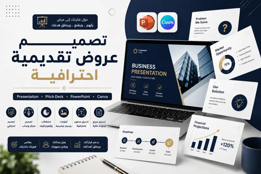 تصميم عروض تقديمية احترافية (Presentation & Pitch Deck) باحترافية عالية