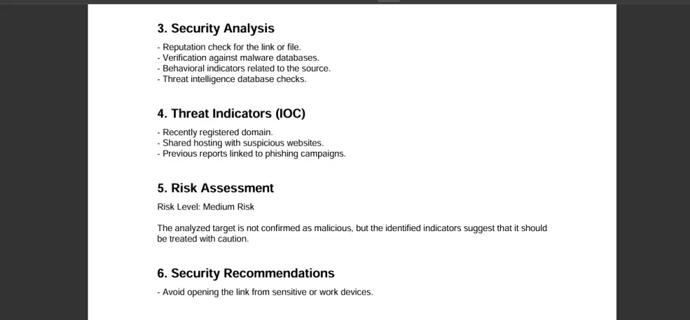 سأقوم بتحليل رابط أو ملف مشبوه وتقديم تقرير