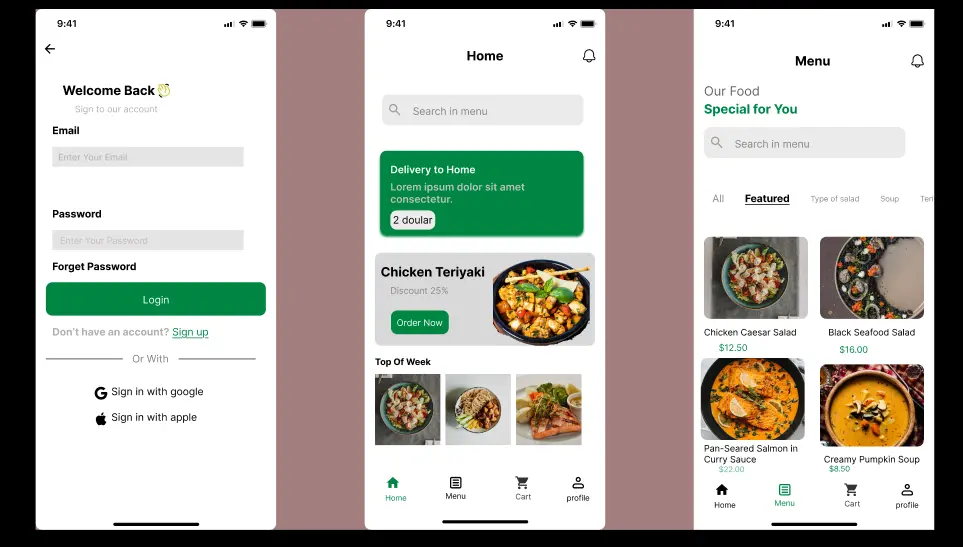 تصميم واجهات تطبيق توصيل طعام (Food Delivery) عصري وجذاب
