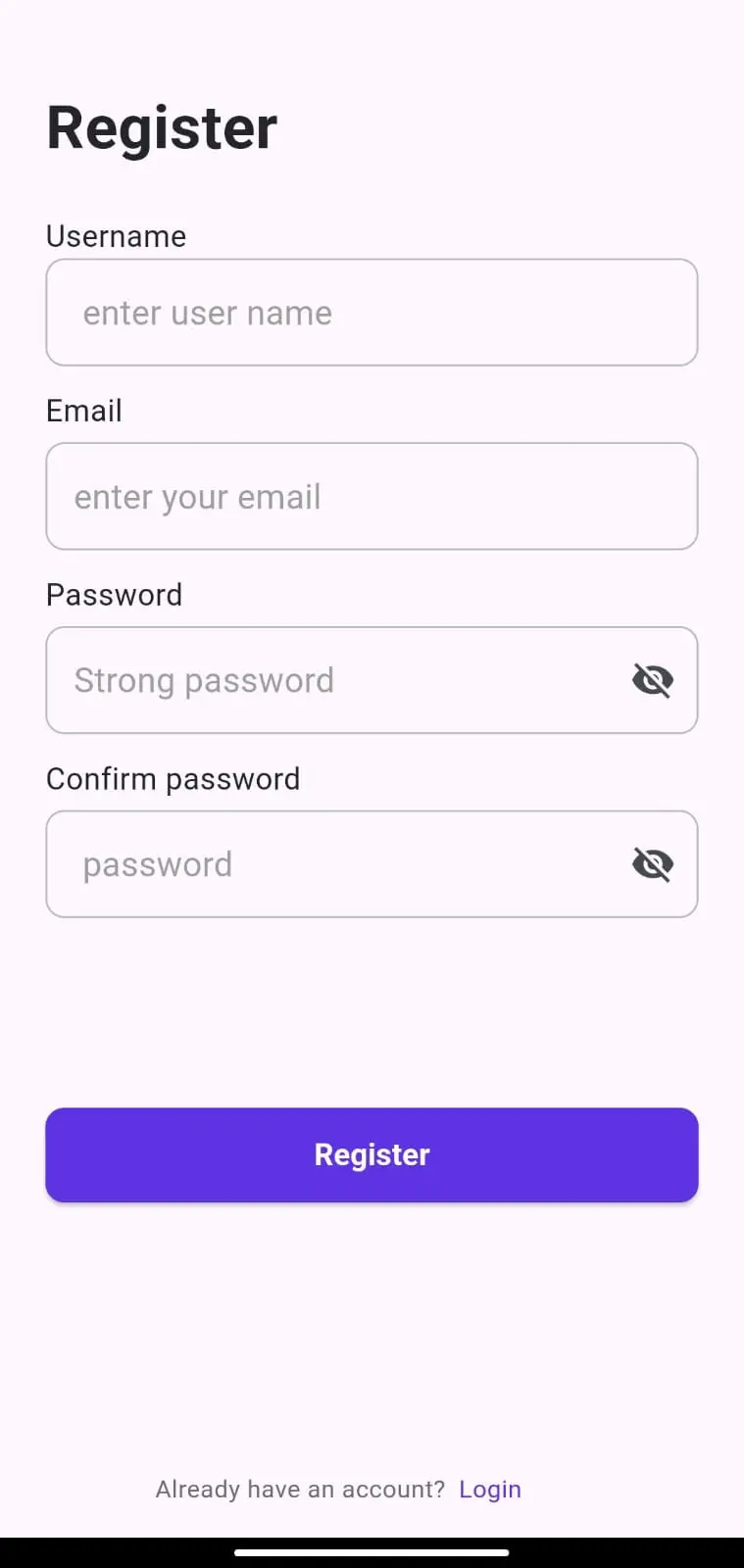 سأقوم بإنشاء شاشة تسجيل حساب (Register / Signup) لتطبيق Flutter