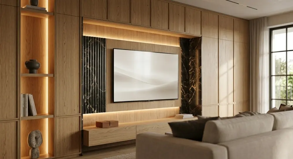 تصميم داخلي مودرن بتفاصيل خشبية ولمسة فخامة هادئة