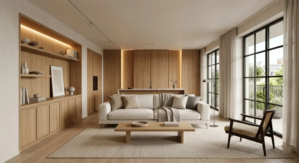 تصميم داخلي مودرن بتفاصيل خشبية ولمسة فخامة هادئة