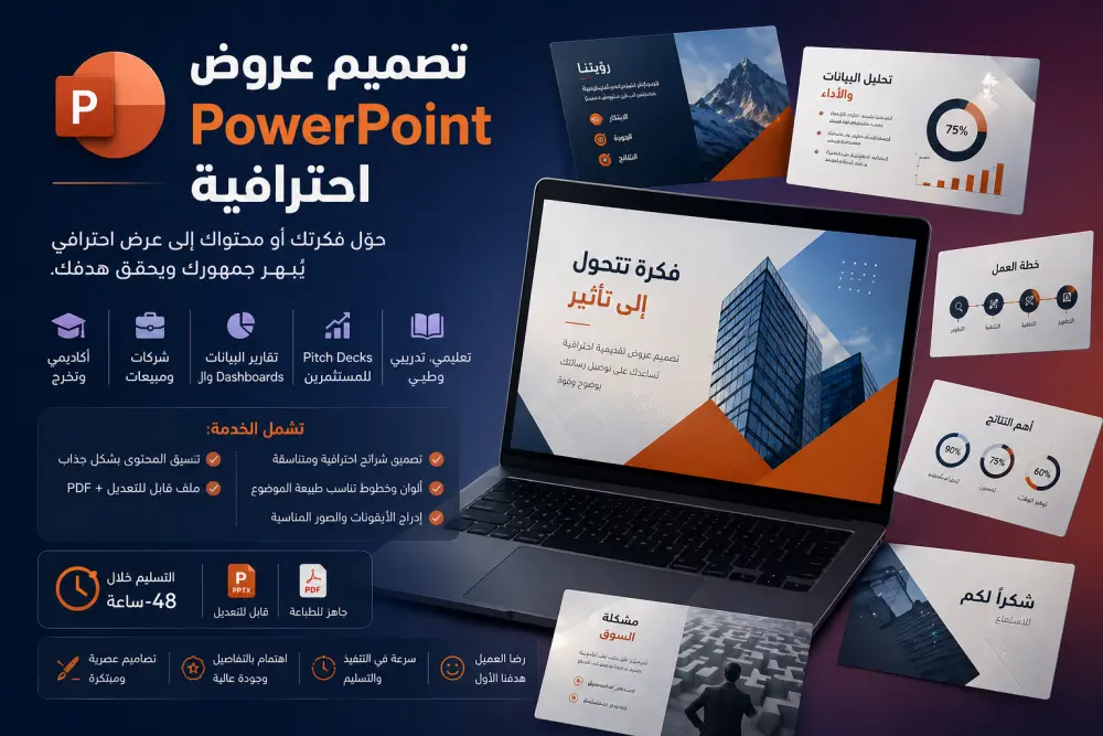 تصميم عروض تقديمية PowerPoint احترافية وجذابة لأي موضوع | تسليم سريع
