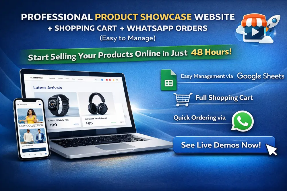 تصميم موقع عرض منتجات احترافي + سلة تسوق + طلبات واتساب (سهل الإدارة)