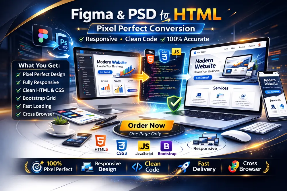 تحويل تصميم Figma أو PSD إلى HTML متجاوب بدقة عالية