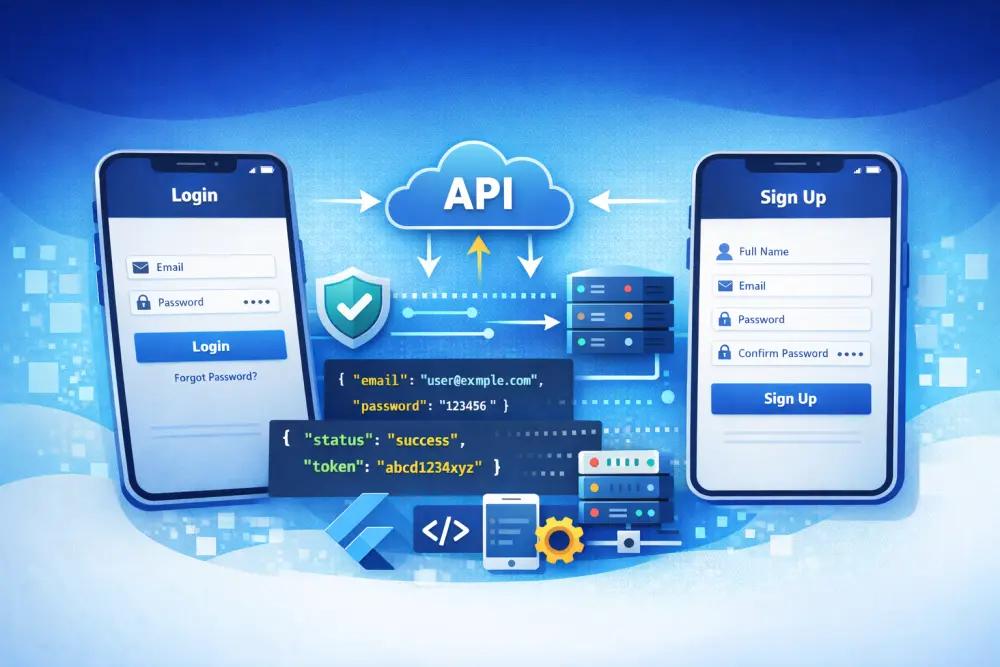 تنفيذ وربط نظام تسجيل الدخول والتسجيل (Authentication) داخل تطبيق Flutter باستخدام API بشكل كامل.