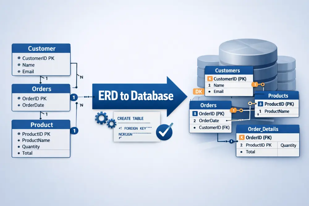 تحويل مخطط ERD إلى قاعدة بيانات كاملة مع العلاقات والقيود