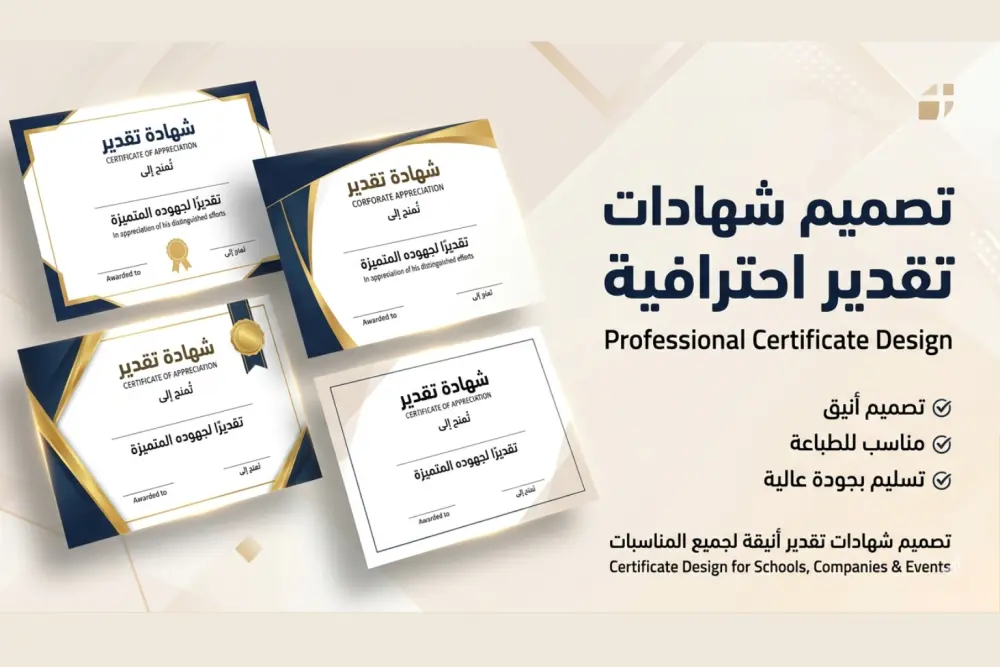تصميم شهادات تقدير احترافية للشركات والمدارس والدورات التدريبية