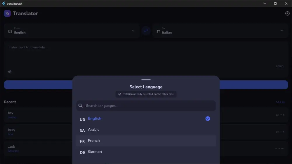 سأقوم بتطوير تطبيق ترجمة ذكي احترافي لـ Android بـ Flutter مع ربط API ونطق صوتي يدعم 12 لغة عالمية