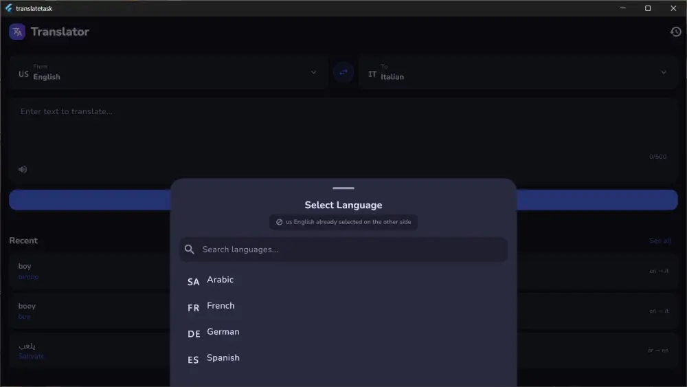 سأقوم بتطوير تطبيق ترجمة ذكي احترافي لـ Android بـ Flutter مع ربط API ونطق صوتي يدعم 12 لغة عالمية