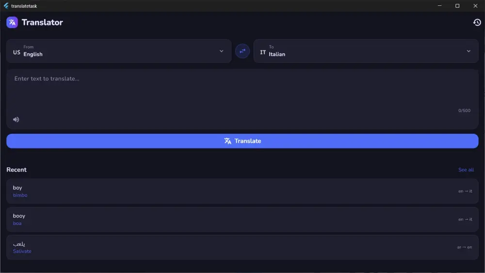 سأقوم بتطوير تطبيق ترجمة ذكي احترافي لـ Android بـ Flutter مع ربط API ونطق صوتي يدعم 12 لغة عالمية