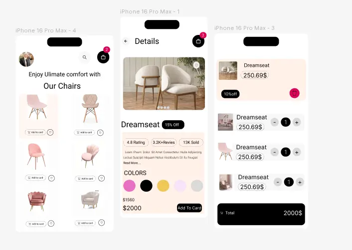 تصميم واجهة سلة المشتريات (Cart Screen) تصميم احترافي وحديث للتطبيقات اختيار ألوان متناسقة ومريحة تنظيم المنتجات داخل السلة بشكل واضح تصميم أزرار (زيادة – نقصان – حذف) تصميم عرض السعر والخصم تصميم إجمالي الطلب (Total) تسليم التصميم بصيغة صورة أو PDF