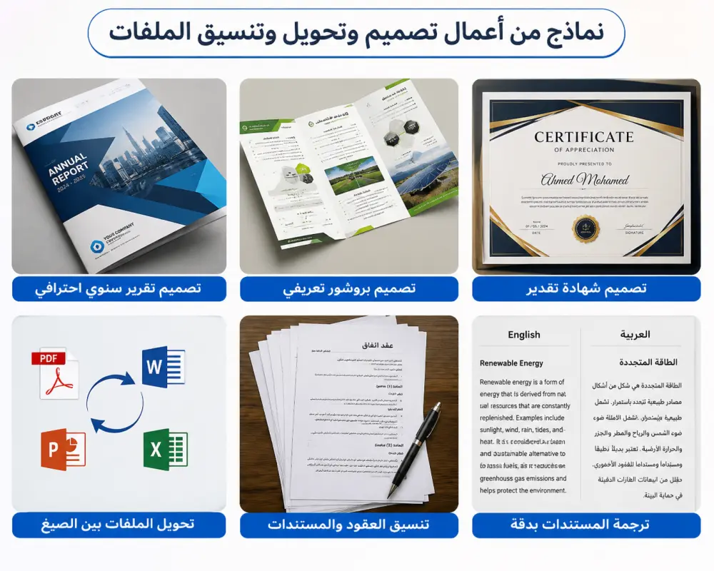 تصميم أو تنسيق حتى10صفحات أو تحويل حتى10ملفات أو ترجمة حتى 1000 كلمةمع الحفاظ على التنسيق الأصلي وتسليم الملف بصيغة Word أو PDF حسب الطلب.