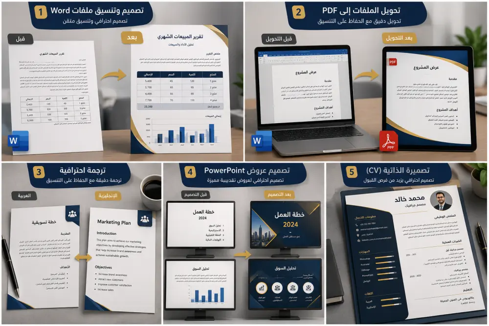 تصميم أو تنسيق حتى10صفحات أو تحويل حتى10ملفات أو ترجمة حتى 1000 كلمةمع الحفاظ على التنسيق الأصلي وتسليم الملف بصيغة Word أو PDF حسب الطلب.