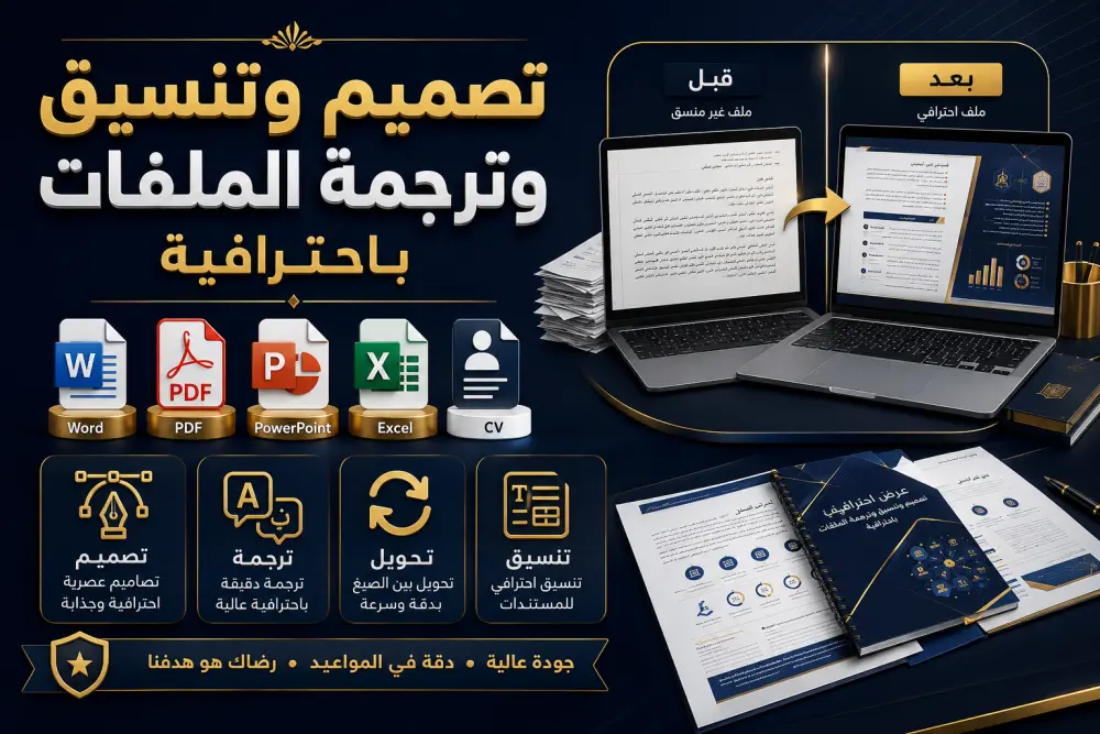 تصميم أو تنسيق حتى10صفحات أو تحويل حتى10ملفات أو ترجمة حتى 1000 كلمةمع الحفاظ على التنسيق الأصلي وتسليم الملف بصيغة Word أو PDF حسب الطلب.