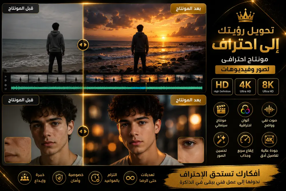 نحوّل رؤيتك إلى تحفة سينمائية مونتاج احترافي للصور والفيديو بجودة HD • 4K • 8K