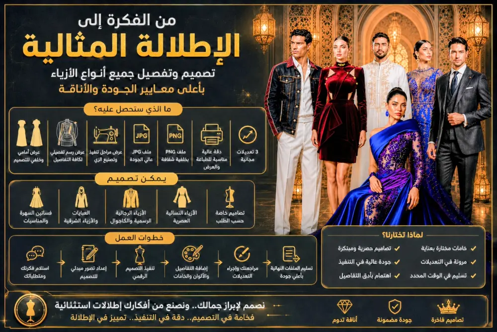 من الفكرة إلى الإطلالة المثالية وتحته: تصميم وتفصيل جميع أنواع الأزياء بأعلى معايير الجودة والأناقة(تصميم ازياء )
