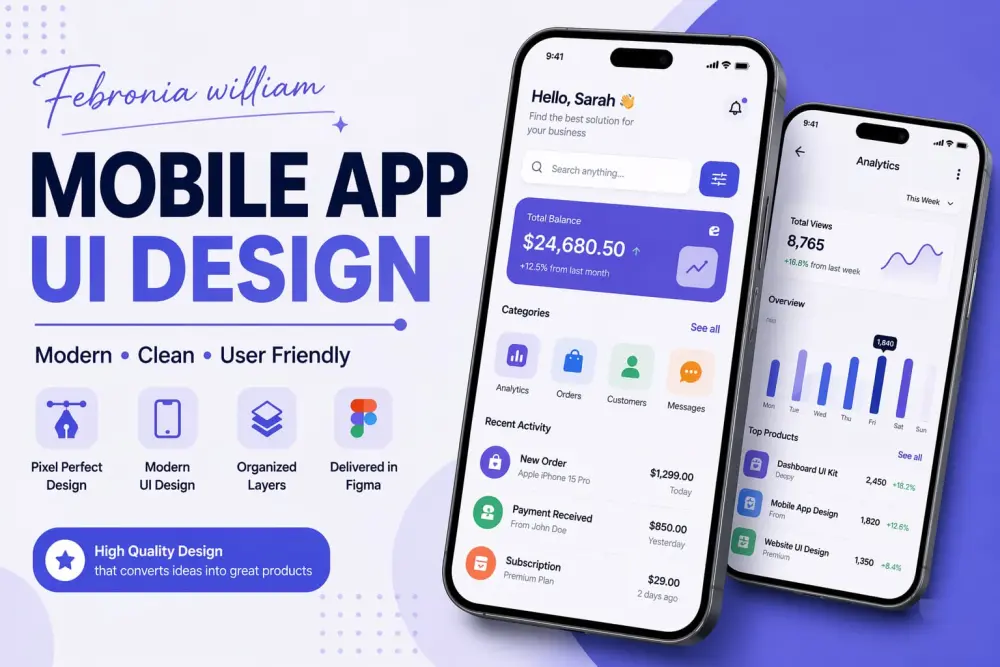 سأقوم بتصميم واجهة مستخدم (UI) احترافية لتطبيق موبايل حديث وجذاب، مع التركيز على البساطة وسهولة الاستخدام وتجربة مستخدم سلسة تساعد على تحقيق هدف التطبيق.