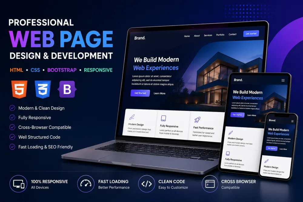 سأقوم بتصميم وتطوير صفحة ويب احترافية باستخدام HTML و CSS و Bootstrap، مع ضمان أن تكون الصفحة Responsive وتعمل بكفاءة على جميع الأجهزة (الموبايل، التابلت، والكمبيوتر).