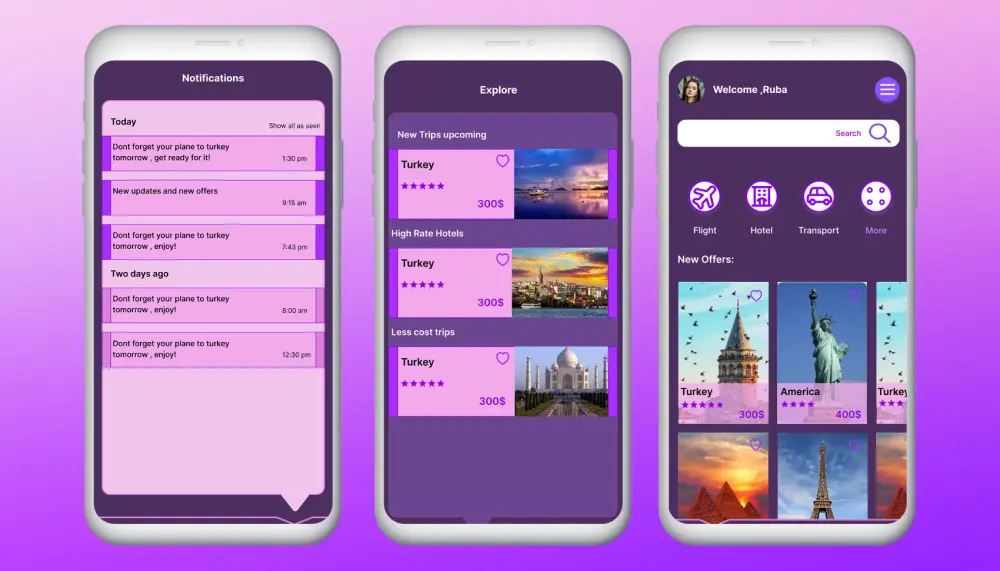 ٣٠ واجهة مصممة لتطبيق سفر وسياحة UIUX على تطبيق فيجما