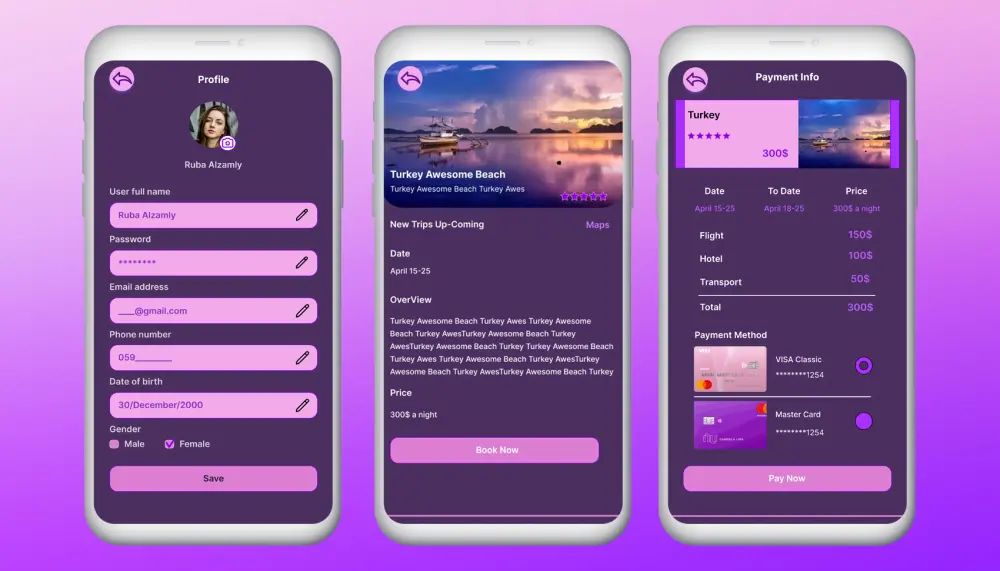 ٣٠ واجهة مصممة لتطبيق سفر وسياحة UIUX على تطبيق فيجما