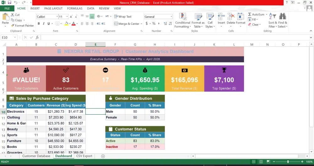 سأقوم بإنشاء نظام إدارة بيانات العملاء مع Dashboard تفاعلي باستخدام Excel