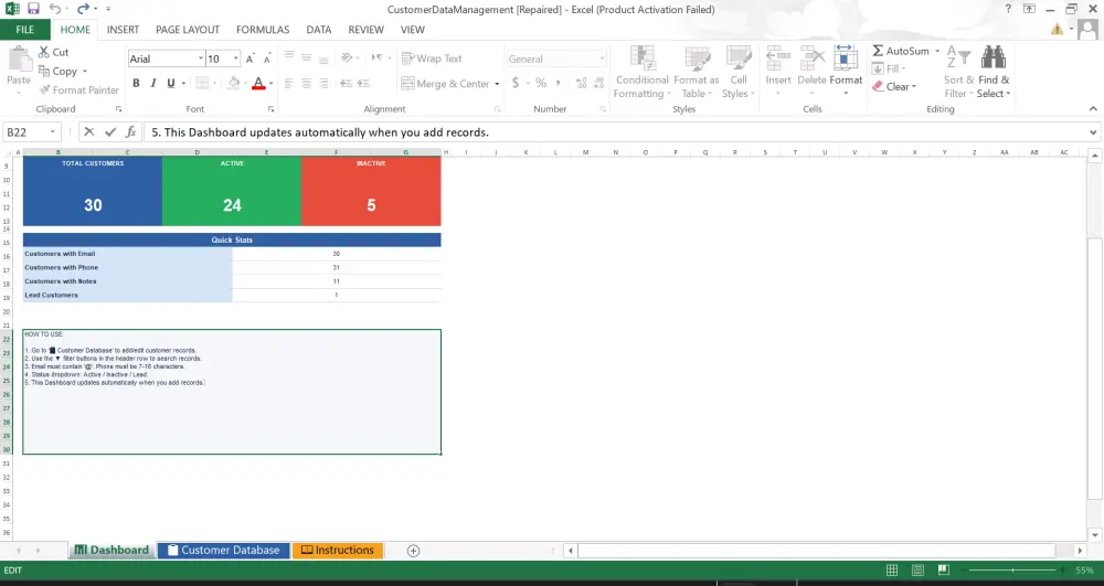 سأقوم بإنشاء نظام إدارة بيانات العملاء مع Dashboard تفاعلي باستخدام Excel