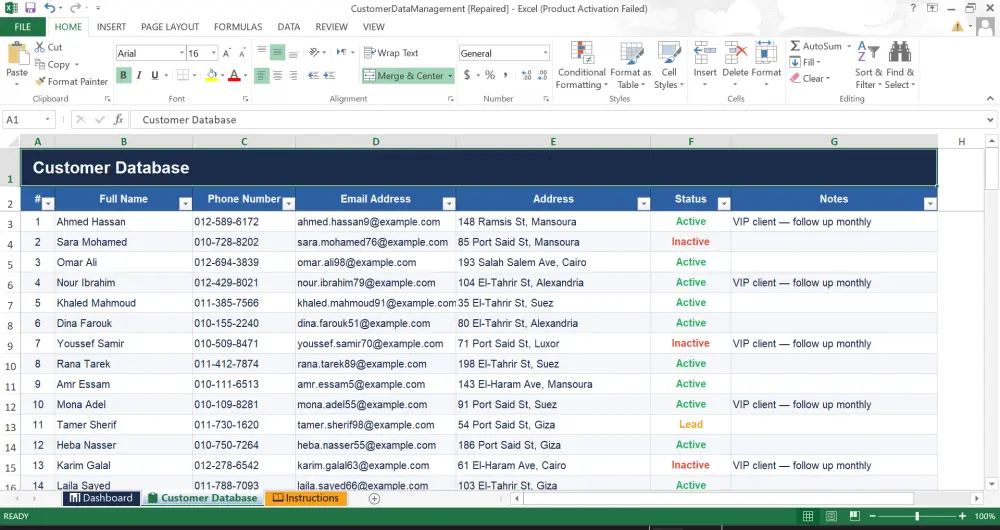 سأقوم بإنشاء نظام إدارة بيانات العملاء مع Dashboard تفاعلي باستخدام Excel