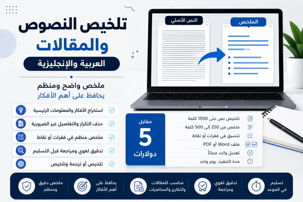 سألخص النصوص والمقالات العربية والإنجليزية بشكل واضح ومنظم
