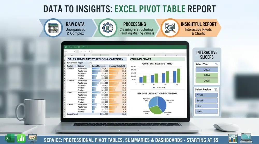 تصميم جداول Pivot Tables احترافية وتقارير تفاعلية لبياناتك على Excel.