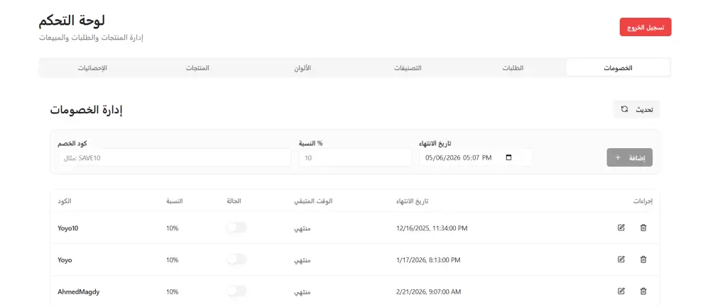 أنا سأقوم بتصميم وتطوير Dashboard احترافي لموقع ملابس (E-commerce Dashboard) يساعدك على إدارة مشروعك بسهولة وكفاءة.