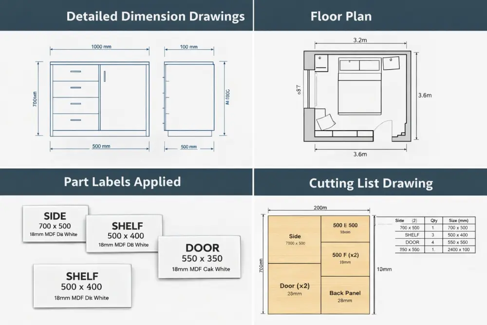 إعداد قائمة تقطيع احترافية للأثاث والمطابخ بكل المقاسات والتفاصيل المطلوبة للتنفيذ.