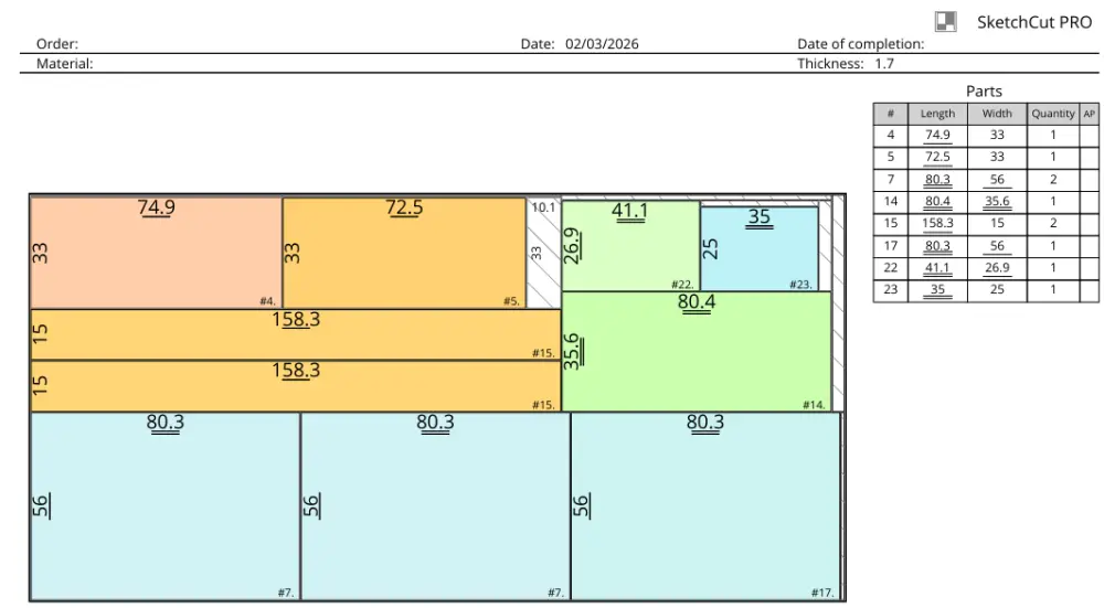 إعداد قائمة تقطيع احترافية للأثاث والمطابخ بكل المقاسات والتفاصيل المطلوبة للتنفيذ.