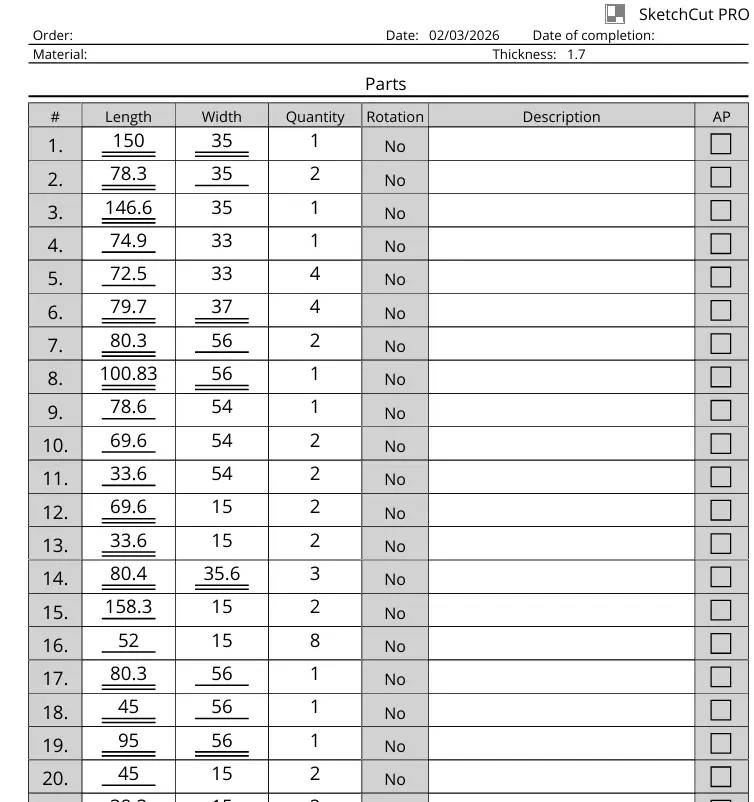 إعداد قائمة تقطيع احترافية للأثاث والمطابخ بكل المقاسات والتفاصيل المطلوبة للتنفيذ.