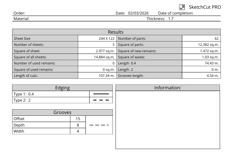 إعداد قائمة تقطيع احترافية للأثاث والمطابخ بكل المقاسات والتفاصيل المطلوبة للتنفيذ.