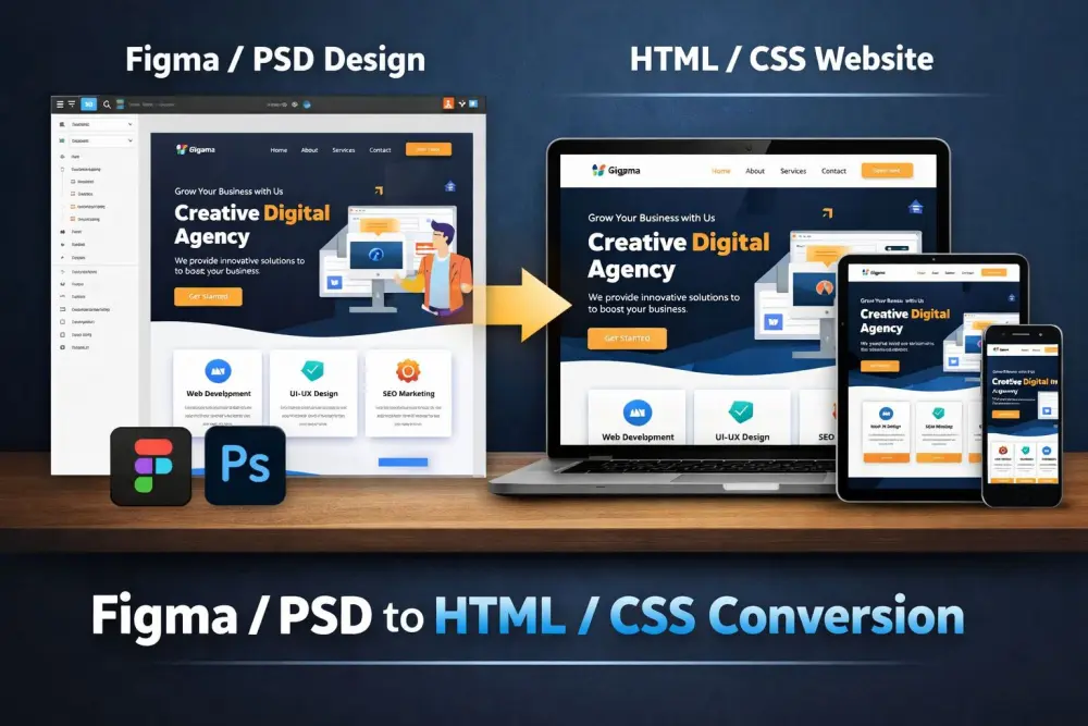 تحويل تصميم Figma أو PSD إلى موقع HTML CSS متجاوب