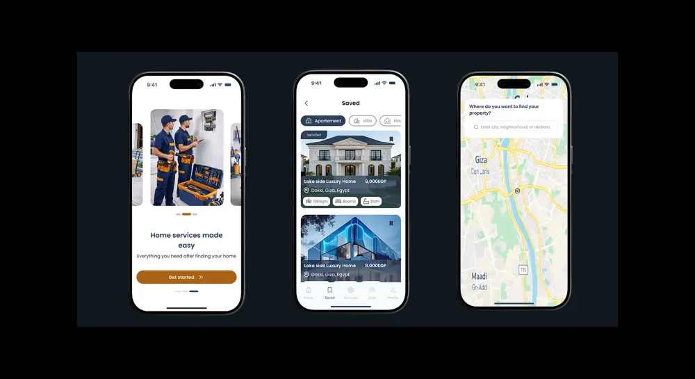 تصميم واجهة وتجربة مستخدم لموقع عقارات للبيع والإيجار مع خدمات متكاملة ونظام محادثة بالذكاء الاصطناعي