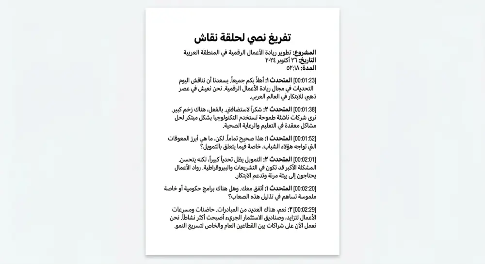 تفريغ صوتي احترافي عربي وإنجليزي بدقة عالية + تنسيق كامل وجاهز للاستخدام.