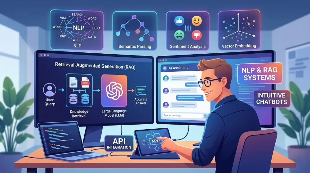 تطوير حلول ذكاء اصطناعي ونظم معالجة اللغات الطبيعية NLP و RAG مخصصة