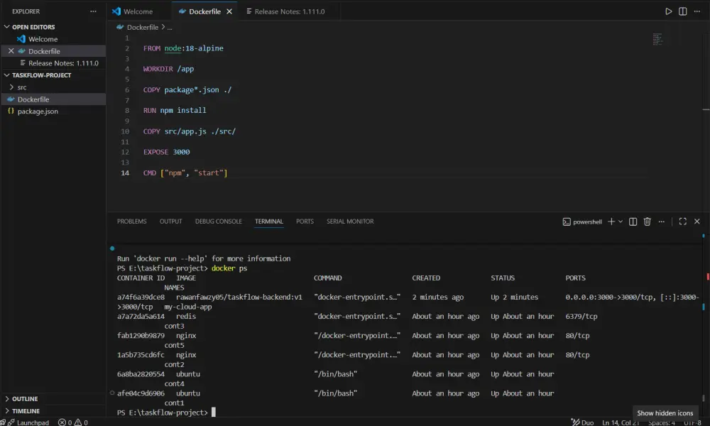 إنشاء ملف Dockerfile وإعداد بيئة عمل تطبيقك باستخدام Docker.