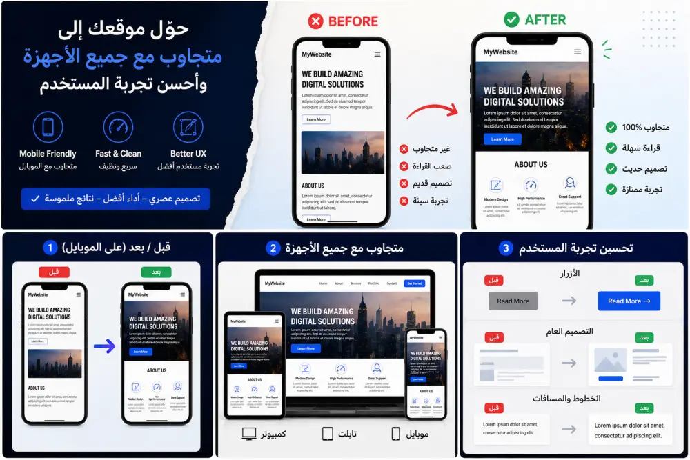 سأحول موقعك إلى تصميم متجاوب مع الموبايل وأحسن تجربة للمستخدم