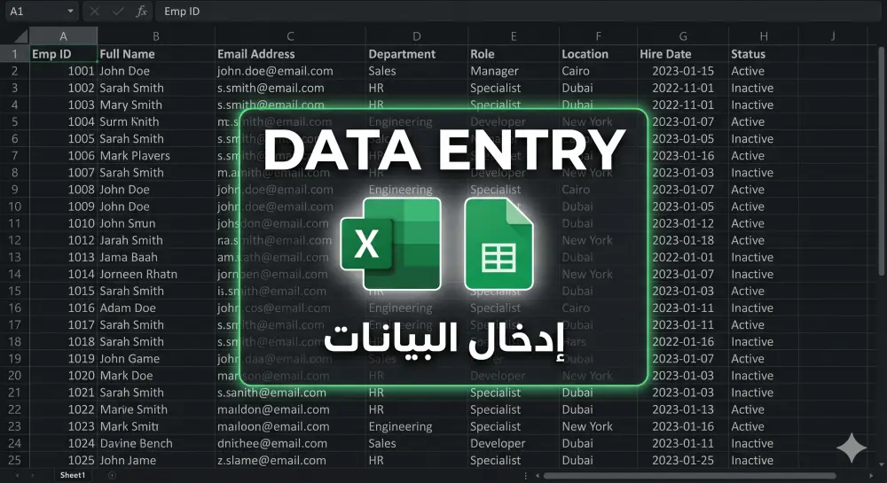 إدخال وتنسيق بيانات على Excel أو Google Sheets بدقة واحترافية.
