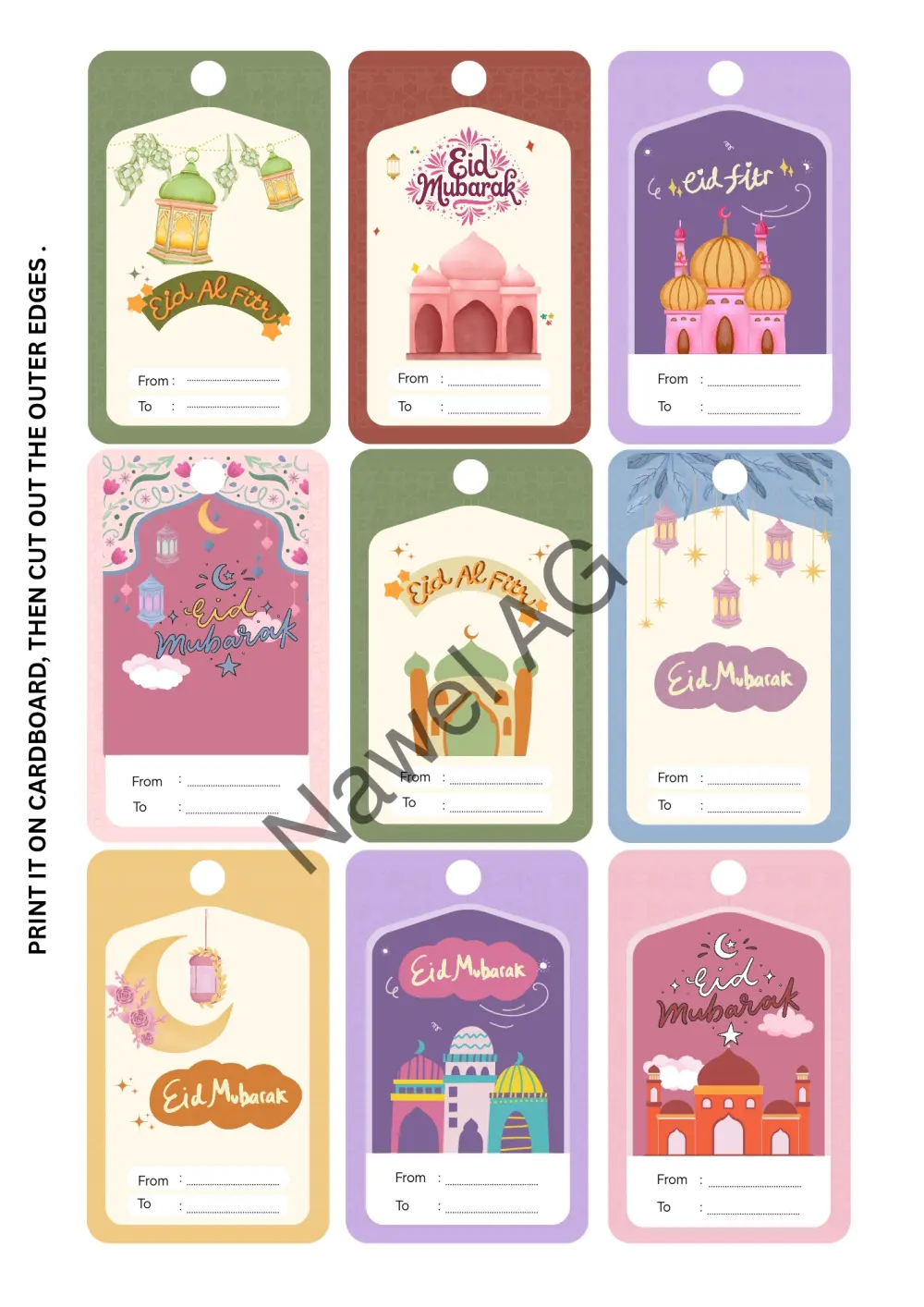 18 تصميم مختلف لبطاقات تعليق و تاقات للعيد جاهزة للطباعة