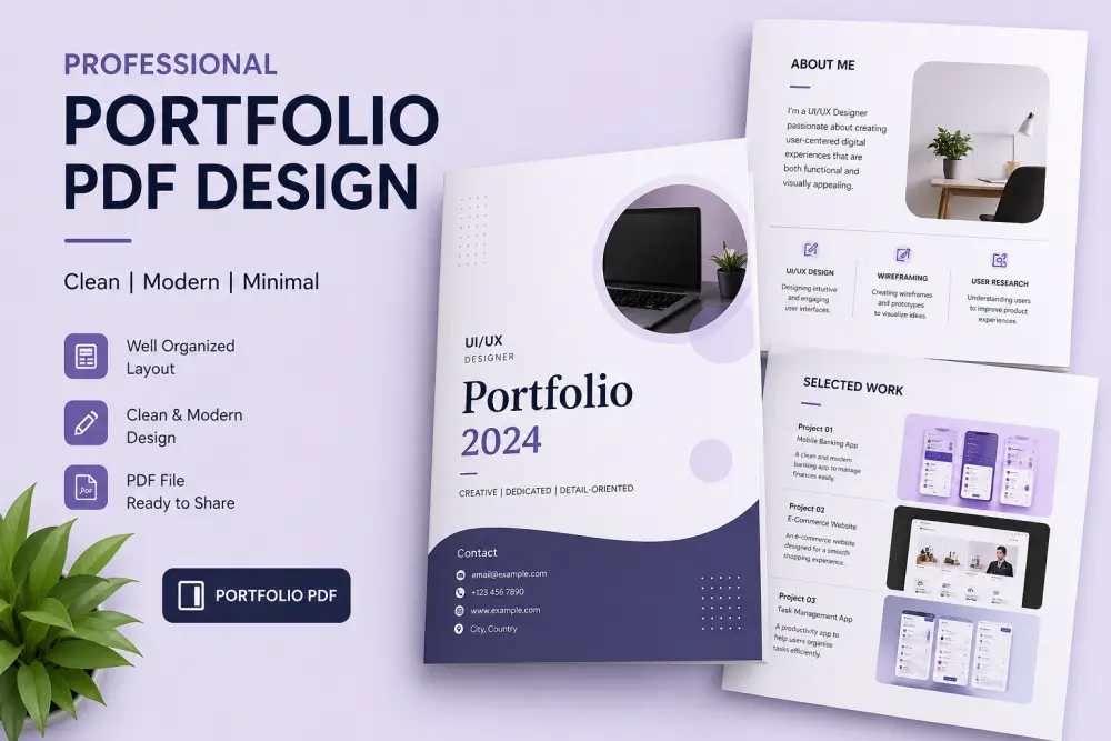 تصميم Portfolio PDF بسيط ومنظم لعرض أعمالك